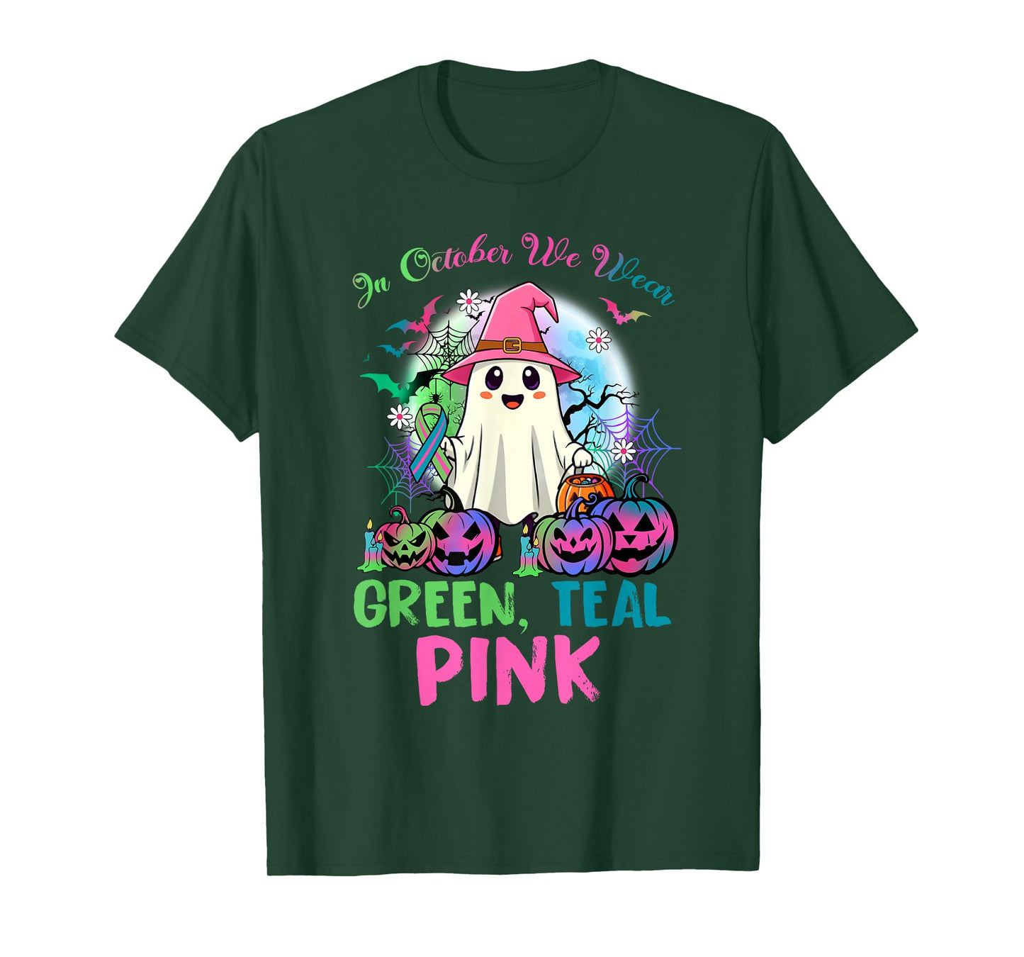 in October We Wear Teal Pink Halloween Metastatic Breast Can T-Shirt