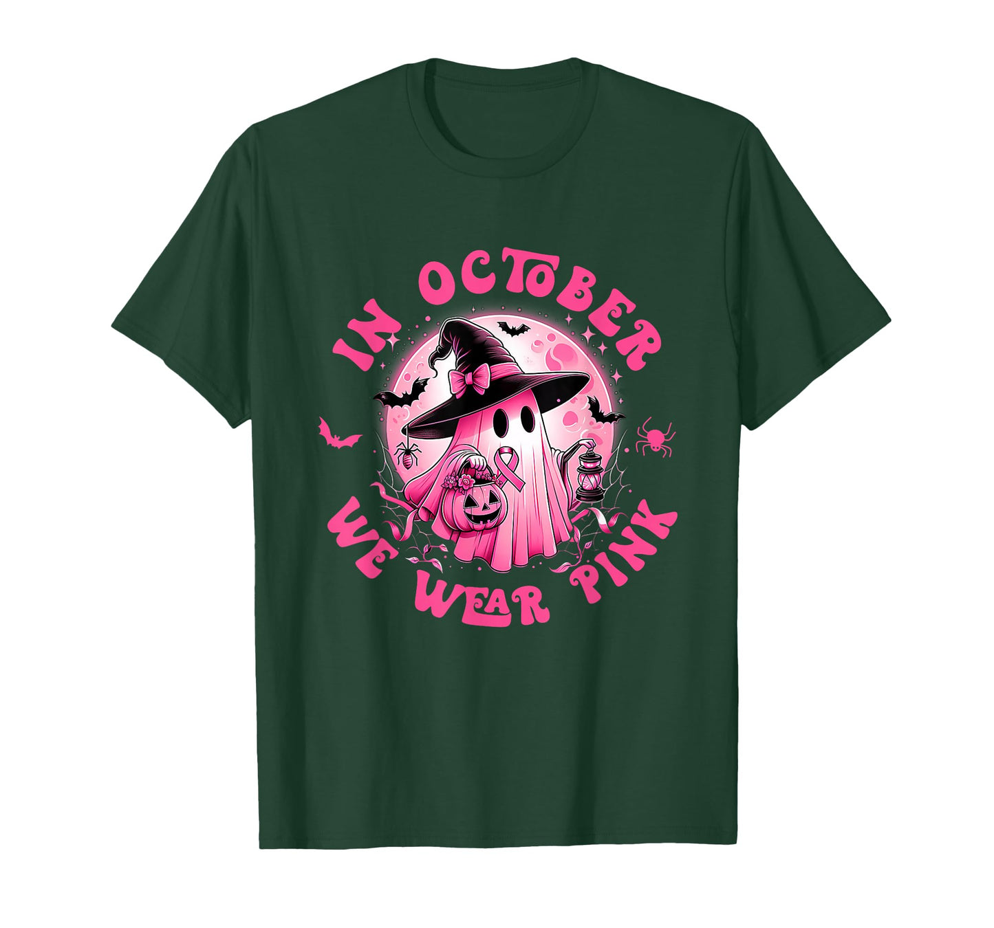 In October We Wear Pink Ghost Witch Breast Cancer Awareness T-Shirt