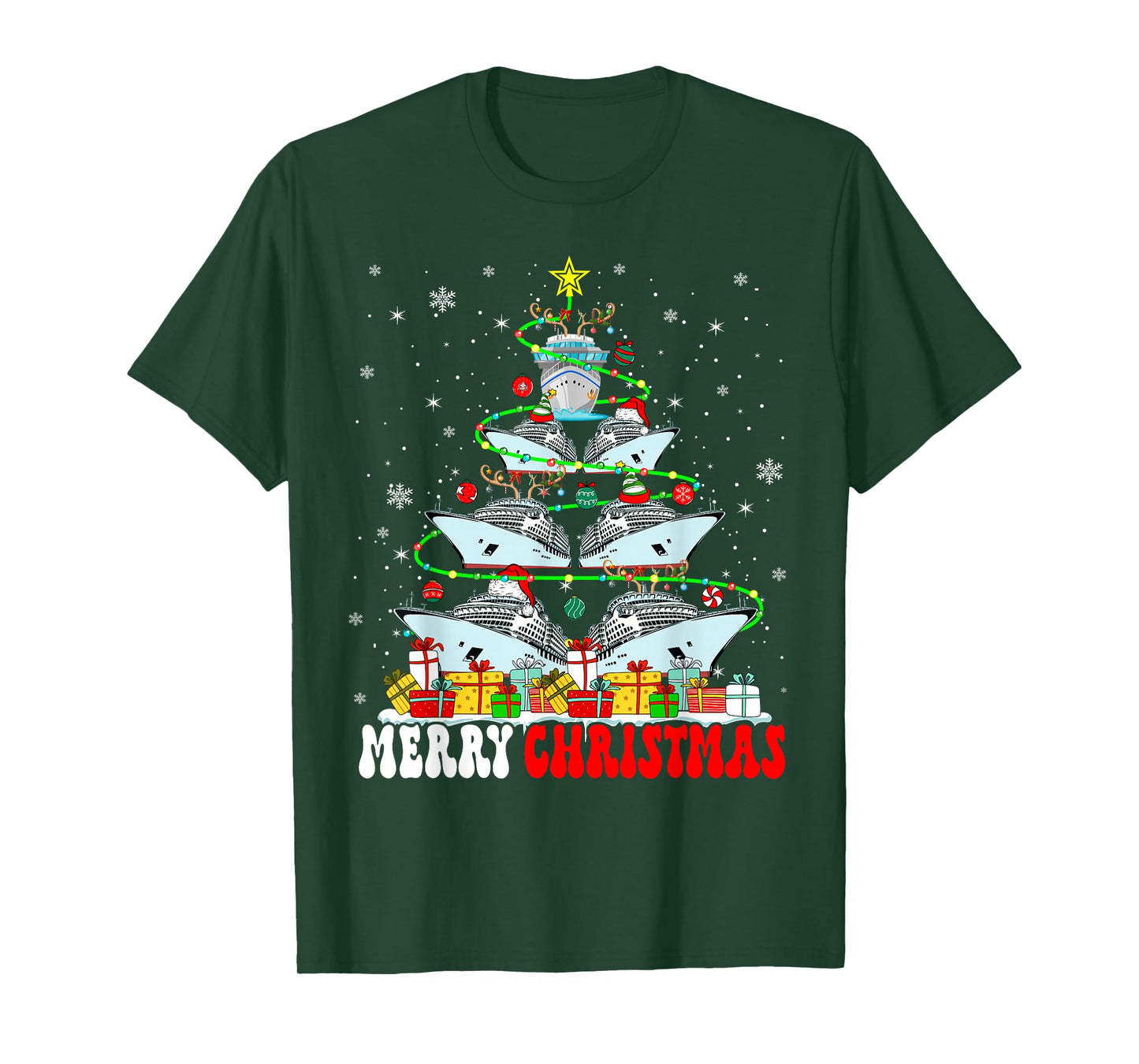 Merry Christmas Reindeer Elf Santa Cruise Ships Xmas Tree T-Shirt