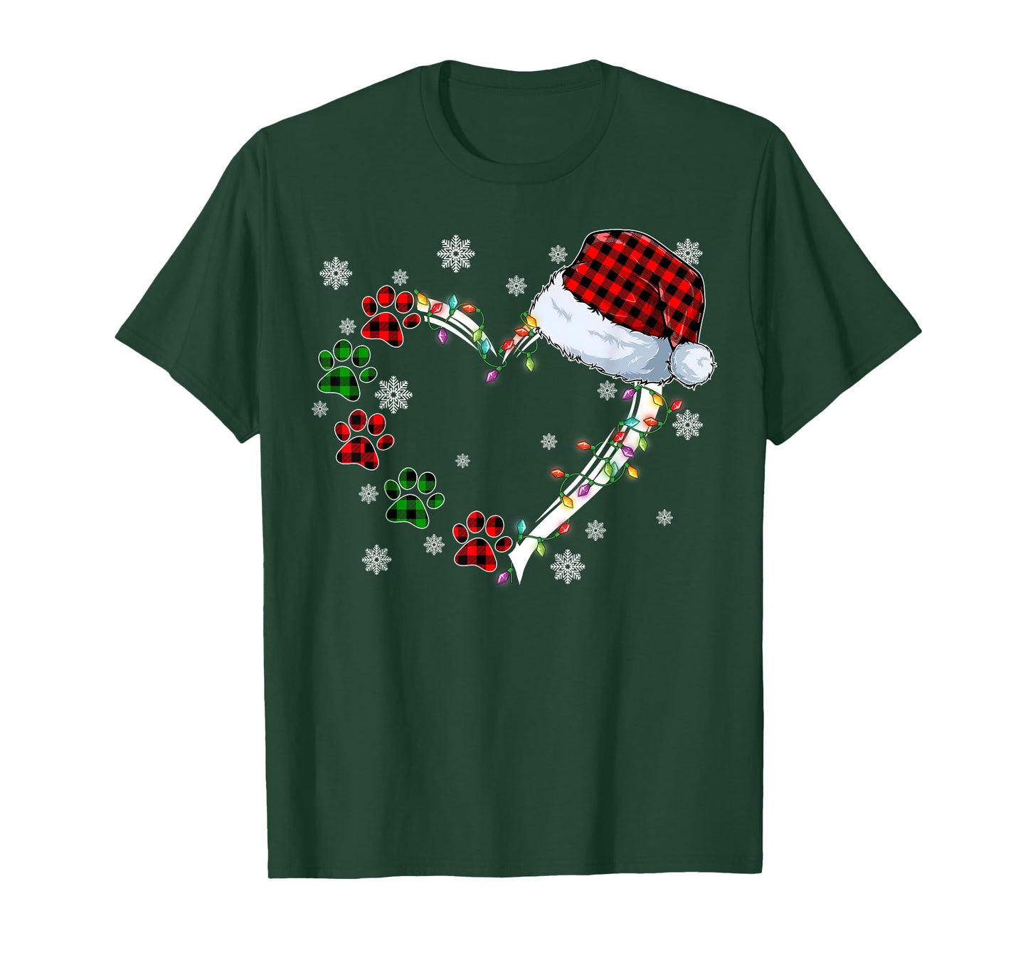 Funny Dog Cat Paws Print Heart Santa Hat Christmas Pajamas T-Shirt