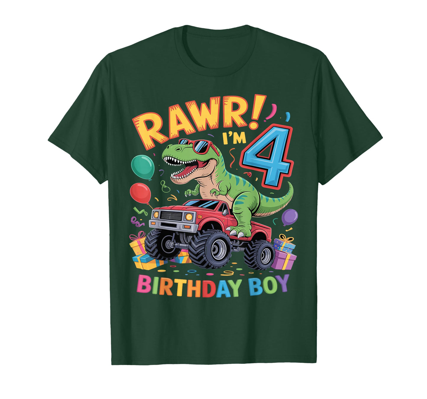 Rawr I'm 4 Dinosaur Monster Truck Birthday Boy T-Shirt