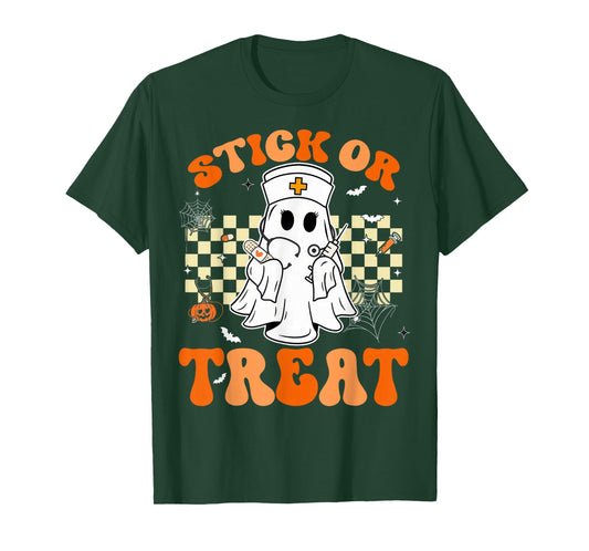 Stick Or Treat Nurse Funny Halloween Costume Boo Ghost Women T-Shirt