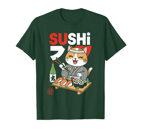 Japanese Cat Eating Sushi Chef Kawaii Ramen Anime T-Shirt