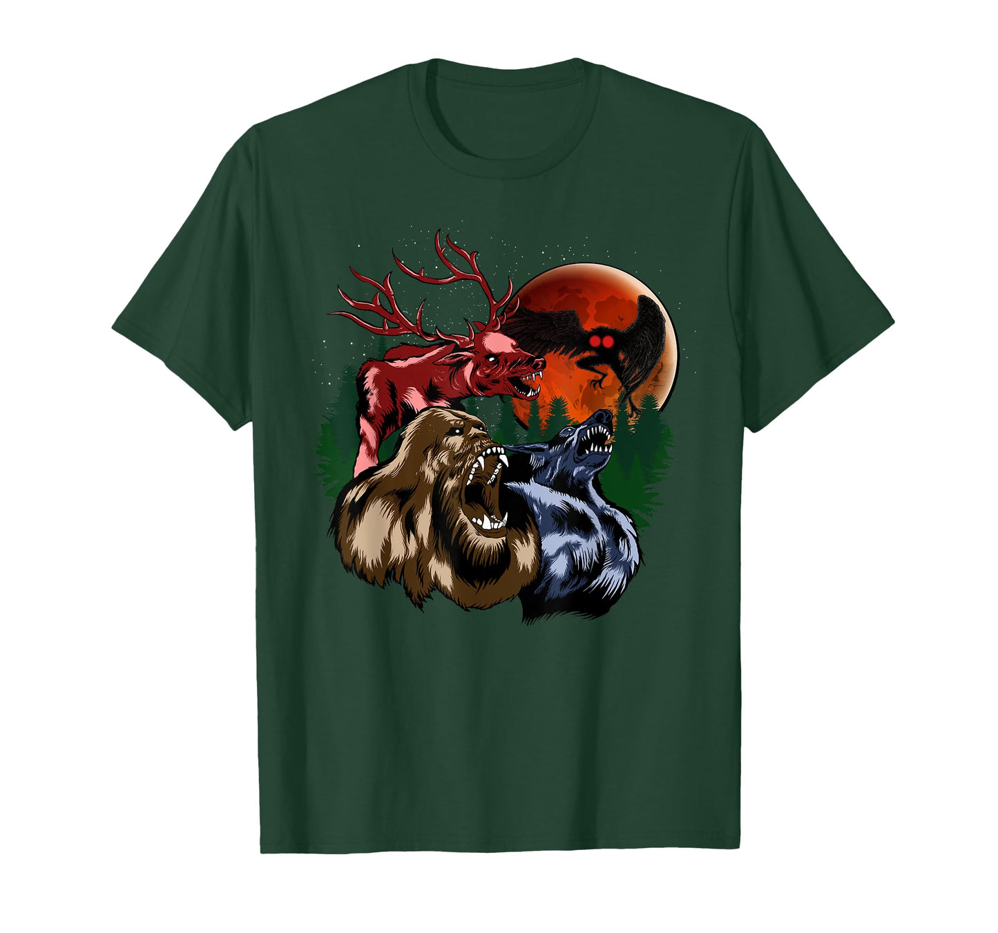 Three Cryptid Moon - Sasquatch, Dogman, Wendigo, Mothman T-Shirt
