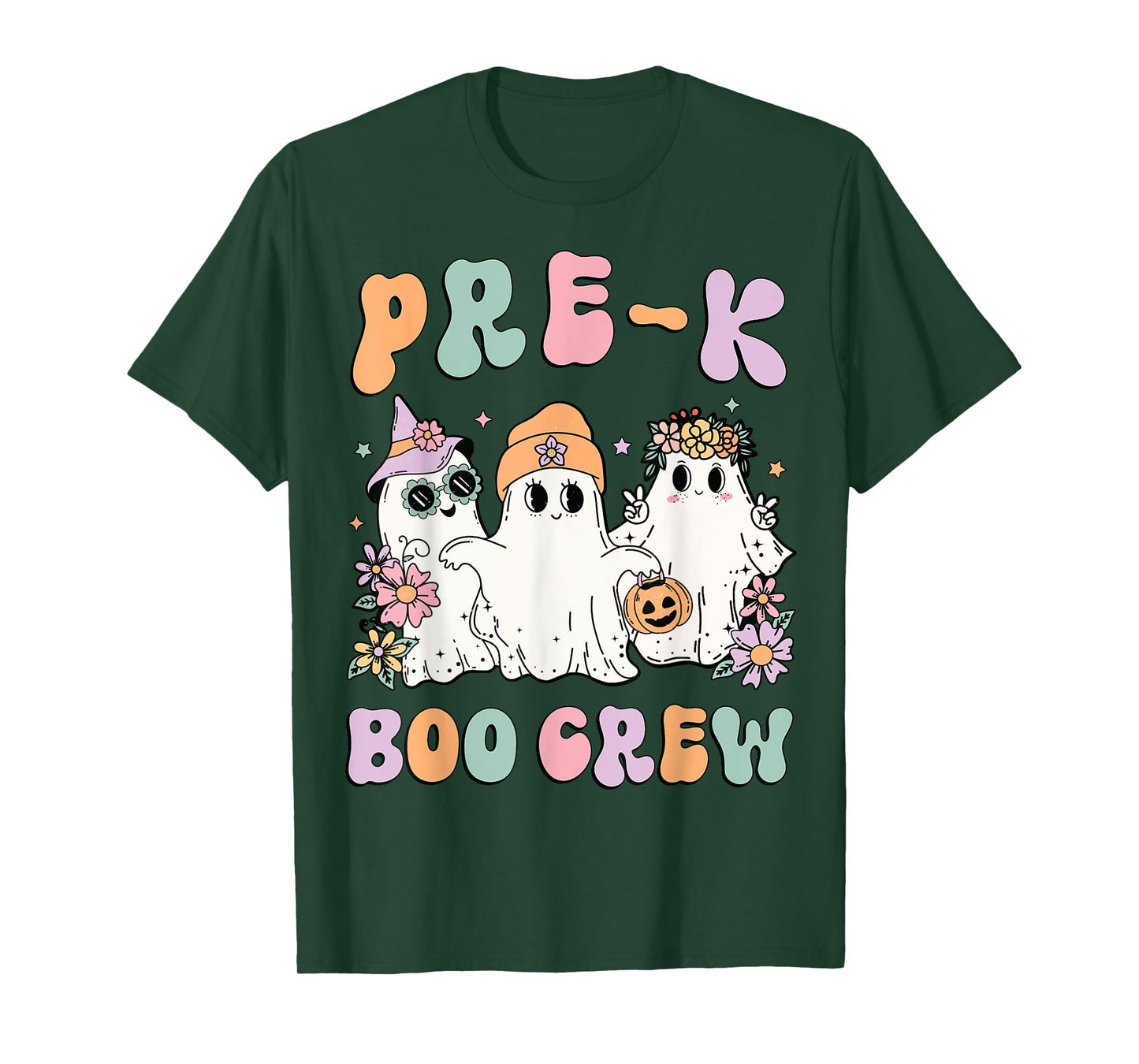 Pre-K Boo Crew Groovy Halloween Floral Ghost Pre K Teacher Men Women Kids T-Shirt