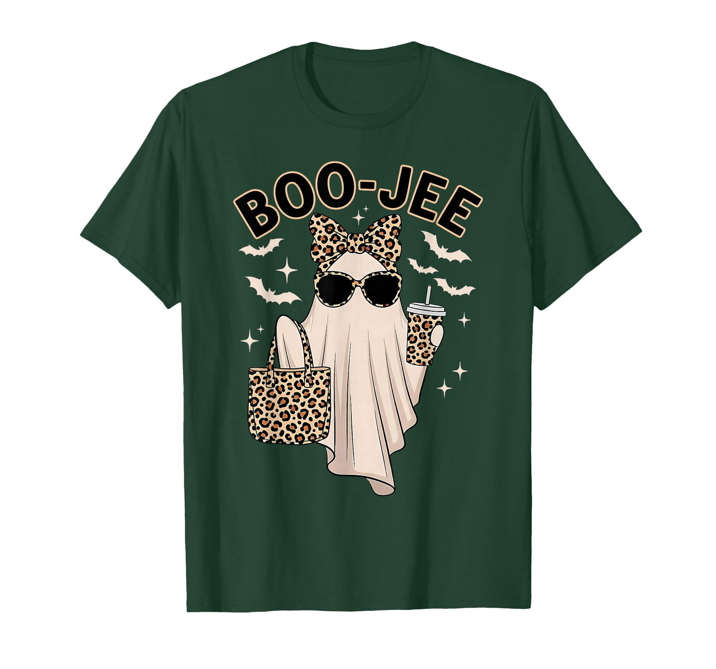 Cute Leopard Boo JEE Ghost Coffee Halloween Costume Women T-Shirt