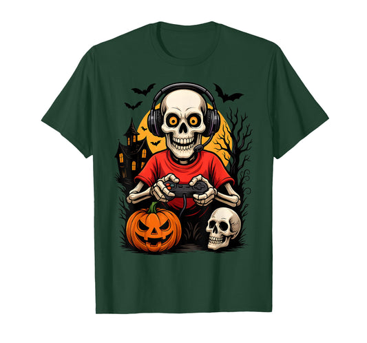 Skeleton Gamer Playing Video Games Halloween Spooky Gaming T-Shirt