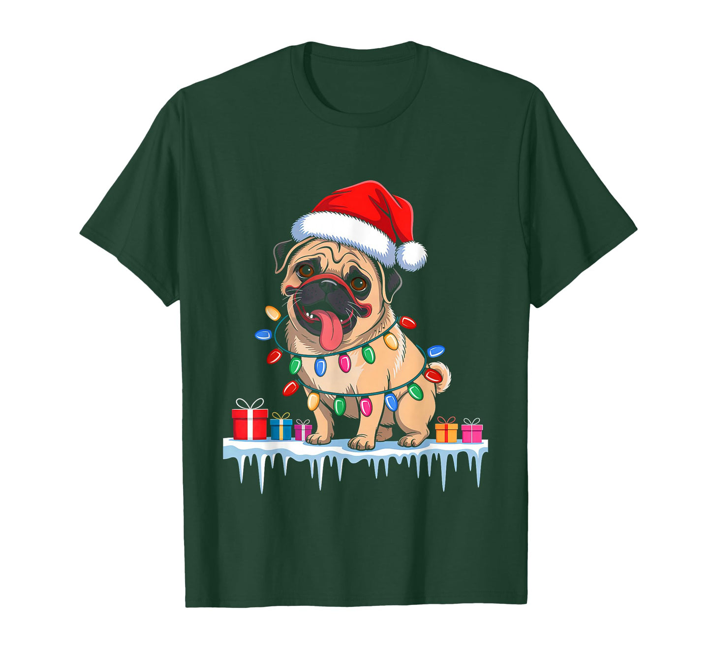 Pug Dog Tree Christmas Lights Funny Xmas Pajamas Dog Lover T-Shirt