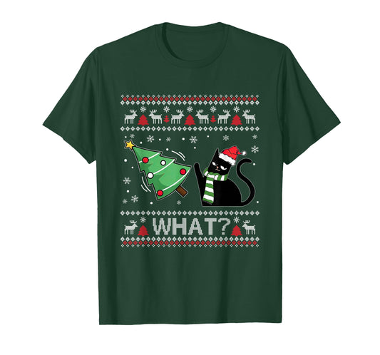 What Cat Pushing Christmas Tree Catmas Ugly Xmas Sweater T-Shirt