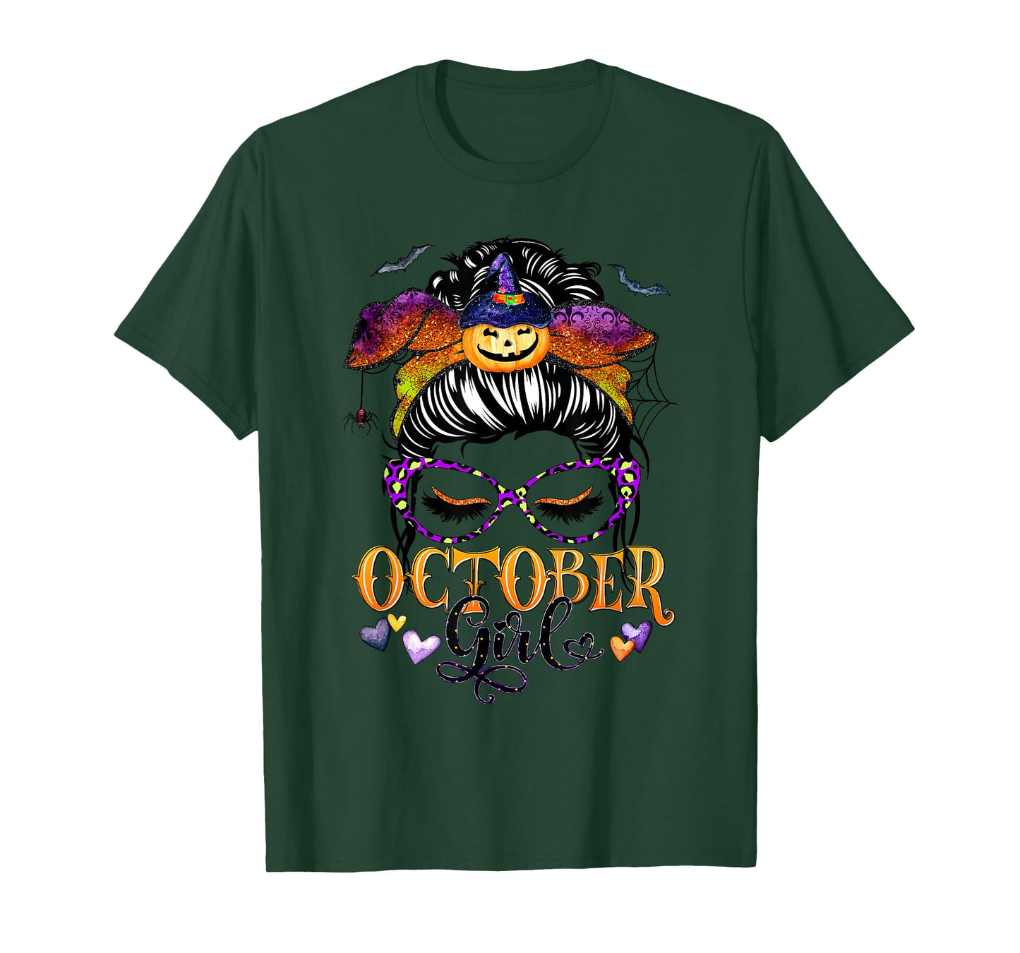 October Girl Halloween Messy Bun Lady Hair Glasses Leopard T-Shirt