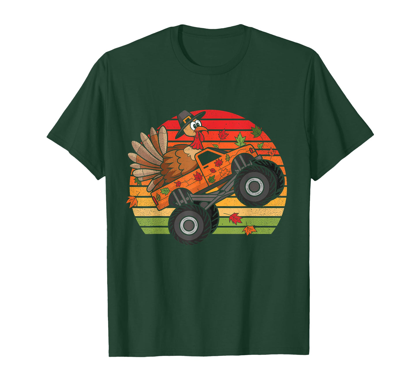 Kids Monster Truck Turkey Sunset Retro Thanksgiving Boy Kid T-Shirt
