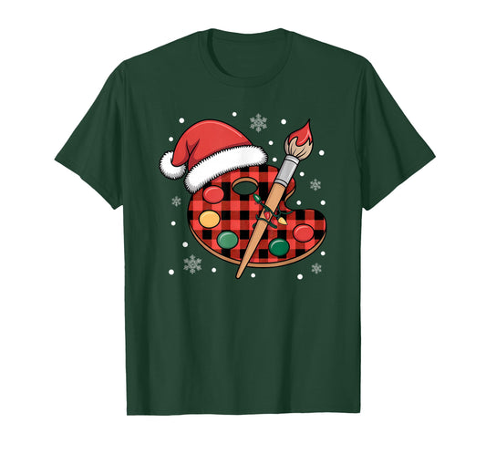 Buffalo Plaid Artist Palette with Santa Hat Holiday Painting T-Shirt