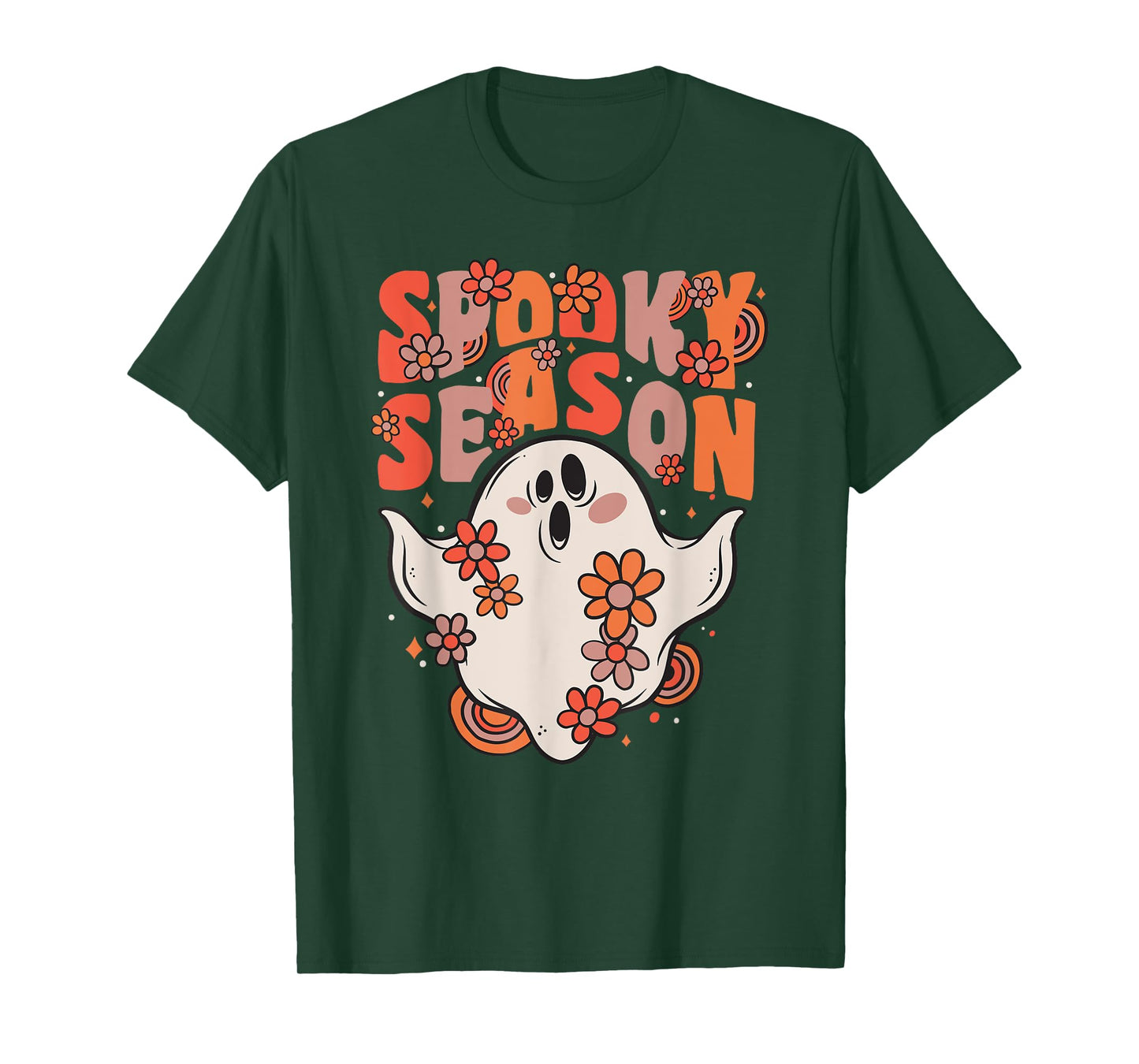 Spooky Season Groovy Ghost With Vintage Flowers Halloween T-Shirt