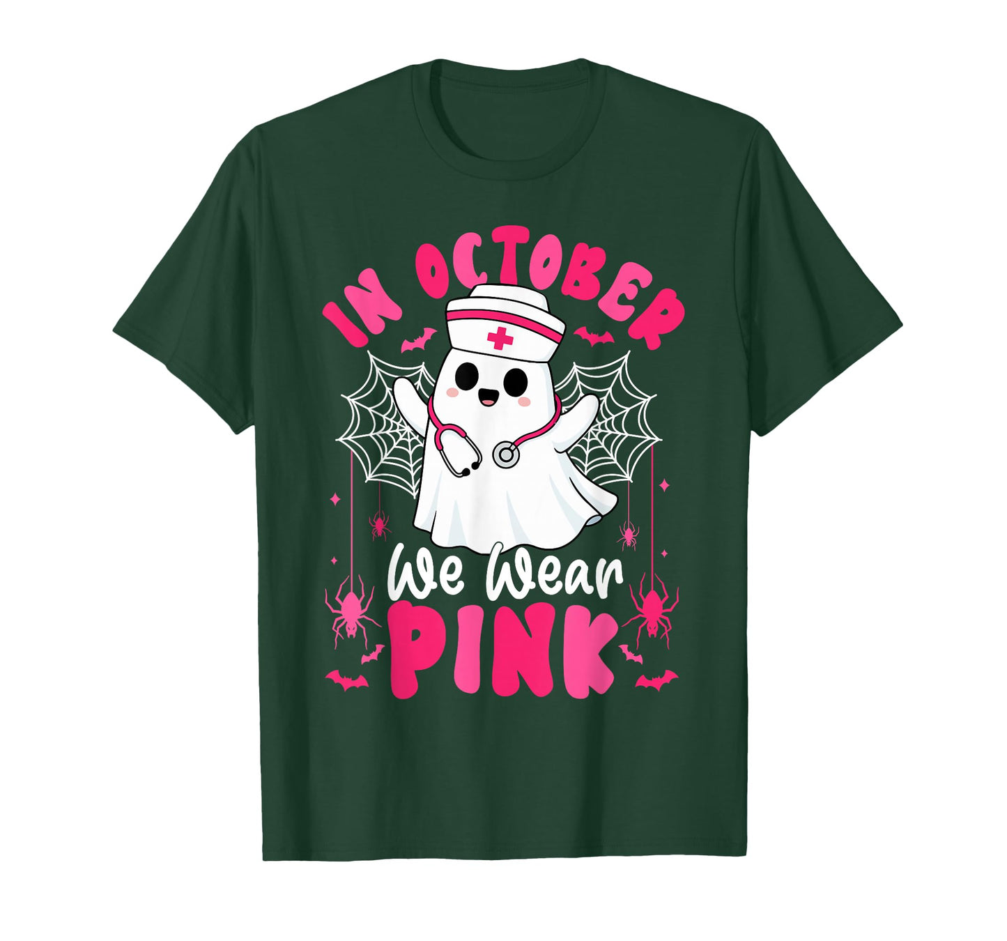 in October We Wear Pink Ghost Nurse Breast Cancer Awareness T-Shirt