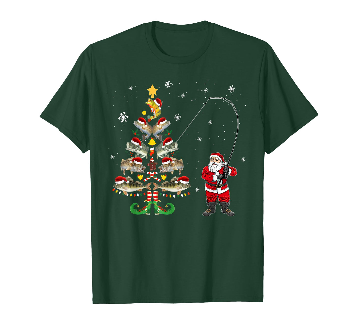 Fishermans Christmas Pajama Gift Tree Lights Merry Fishmas T-Shirt