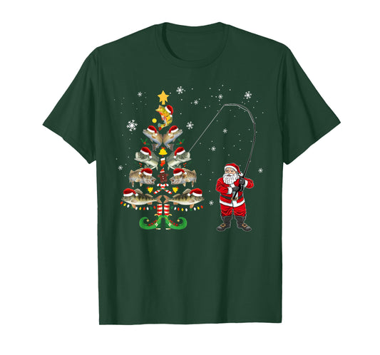 Fishermans Christmas Pajama Gift Tree Lights Merry Fishmas T-Shirt