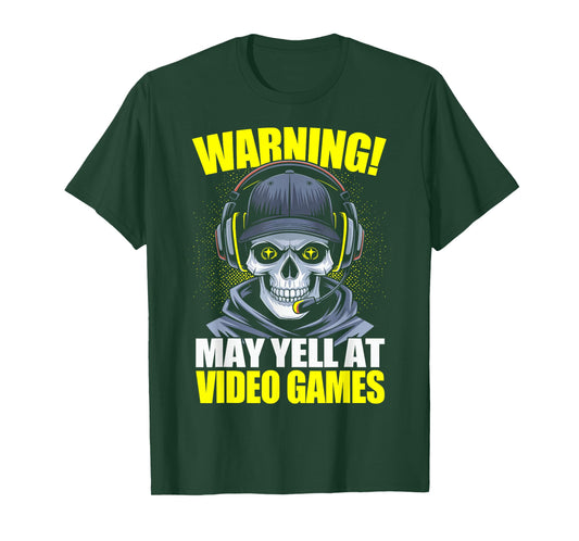 Funny Gaming Warning May Yell At Video Games Gamer Skeleton Gaming Video Games T-Shirt