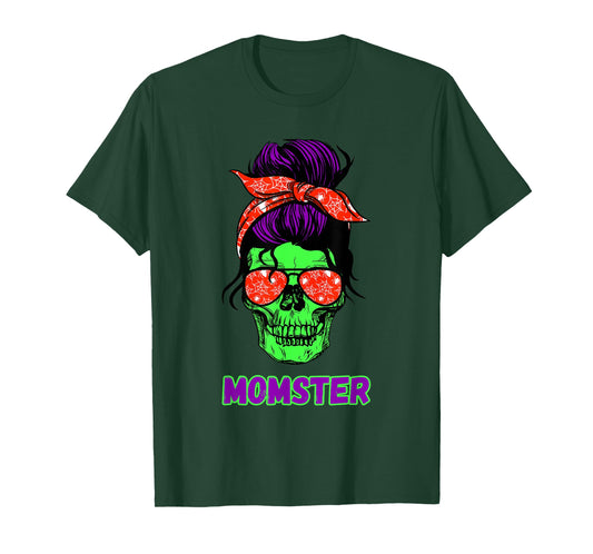 Momster Funny Skull Mama Messy Bun Mom Halloween Costume T-Shirt