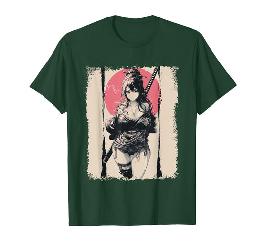 Sexy Anime Girl japanese Samurai Red Sun T-Shirt