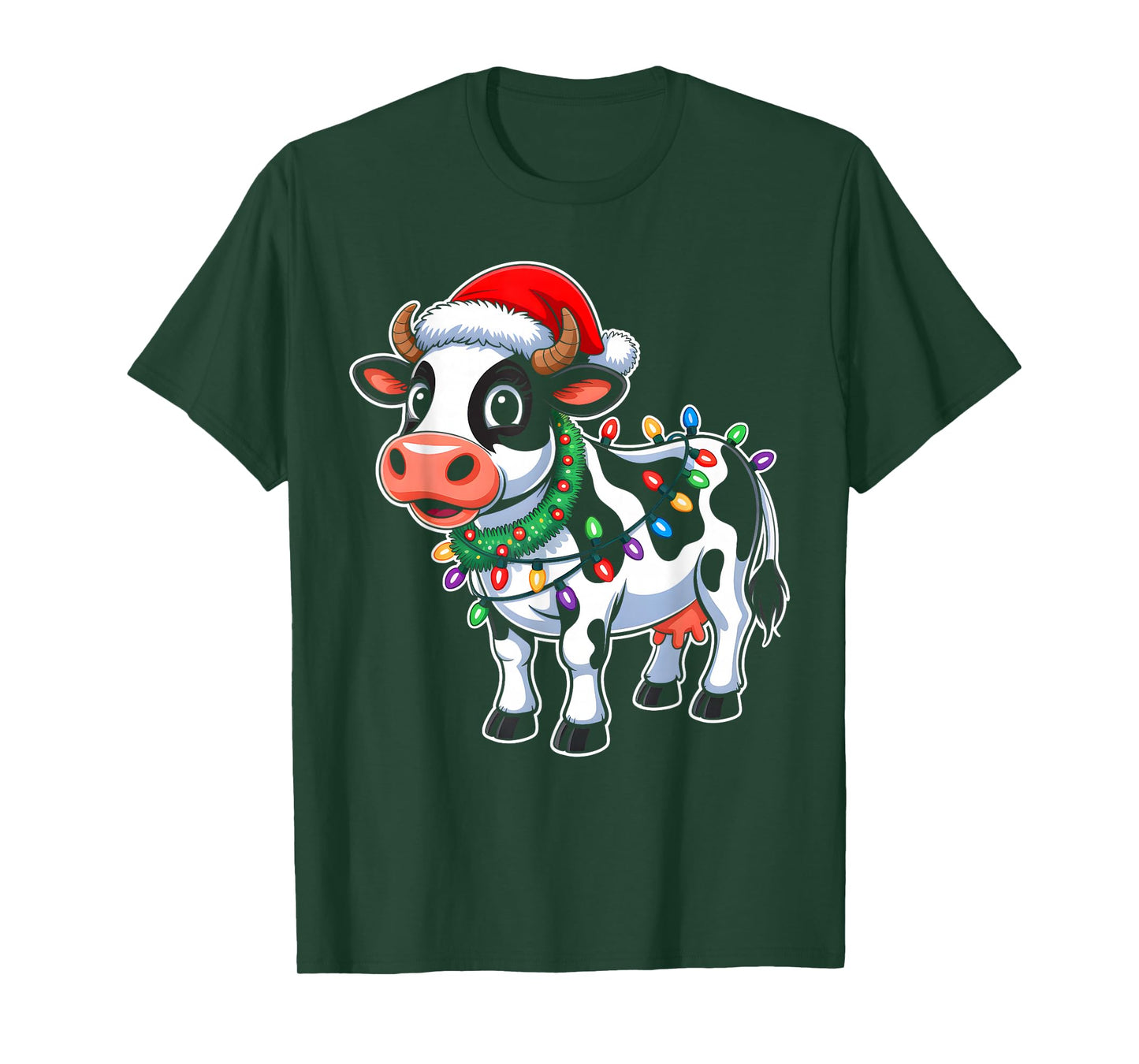 Cow Christmas Lights Santa Hat Family Matching Xmas Pajamas T-Shirt