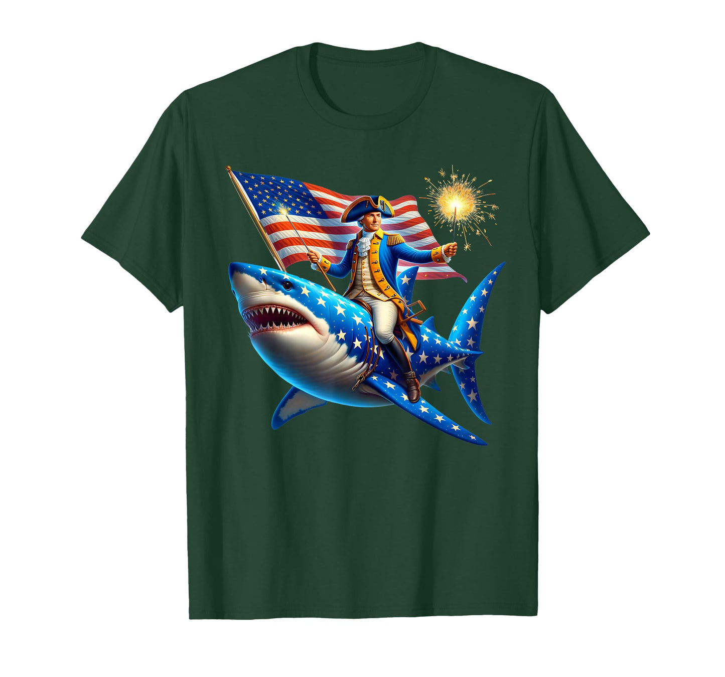 Washington Riding Shark Funny July 4th American Flag Patriot T-Shirt