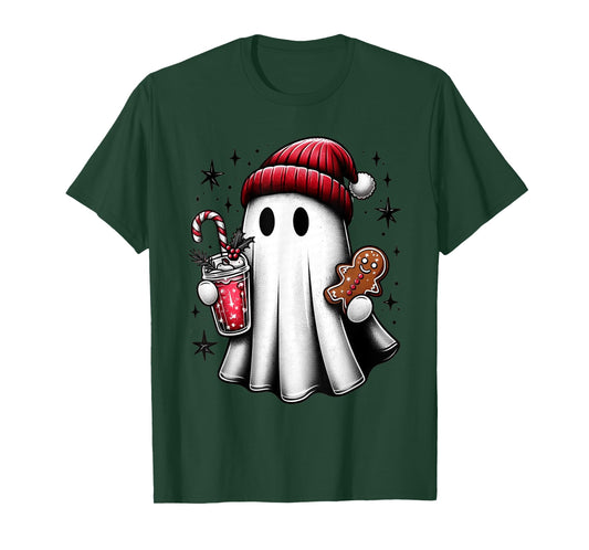Cute Santa Ghost Drinking Coffee Ice Coffee Christmas Pajama T-Shirt