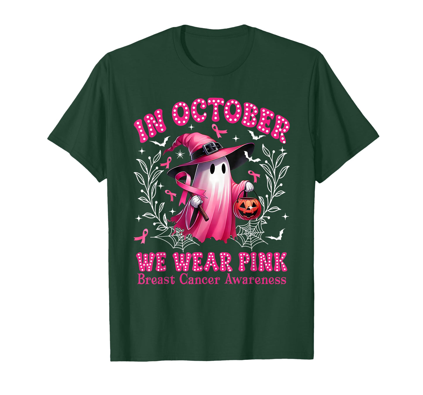 In October We Wear Pink Ghost Witch Breast Cancer Awareness T-Shirt