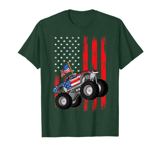 Kid Monster Truck Shirt, Toddler Boys American Flag July 4th T-Shirt