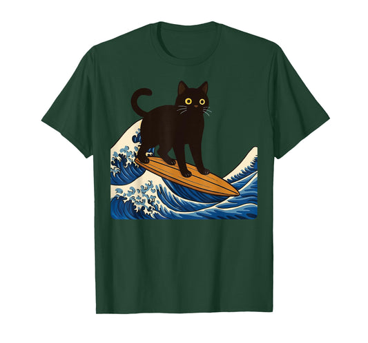 Black Cat Surfing Japanese Wave Japan T-Shirt