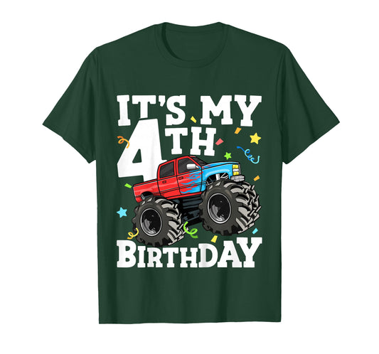 Kids Monster Truck It's My 4th Birthday Boy 4 Four Toddler T-Shirt