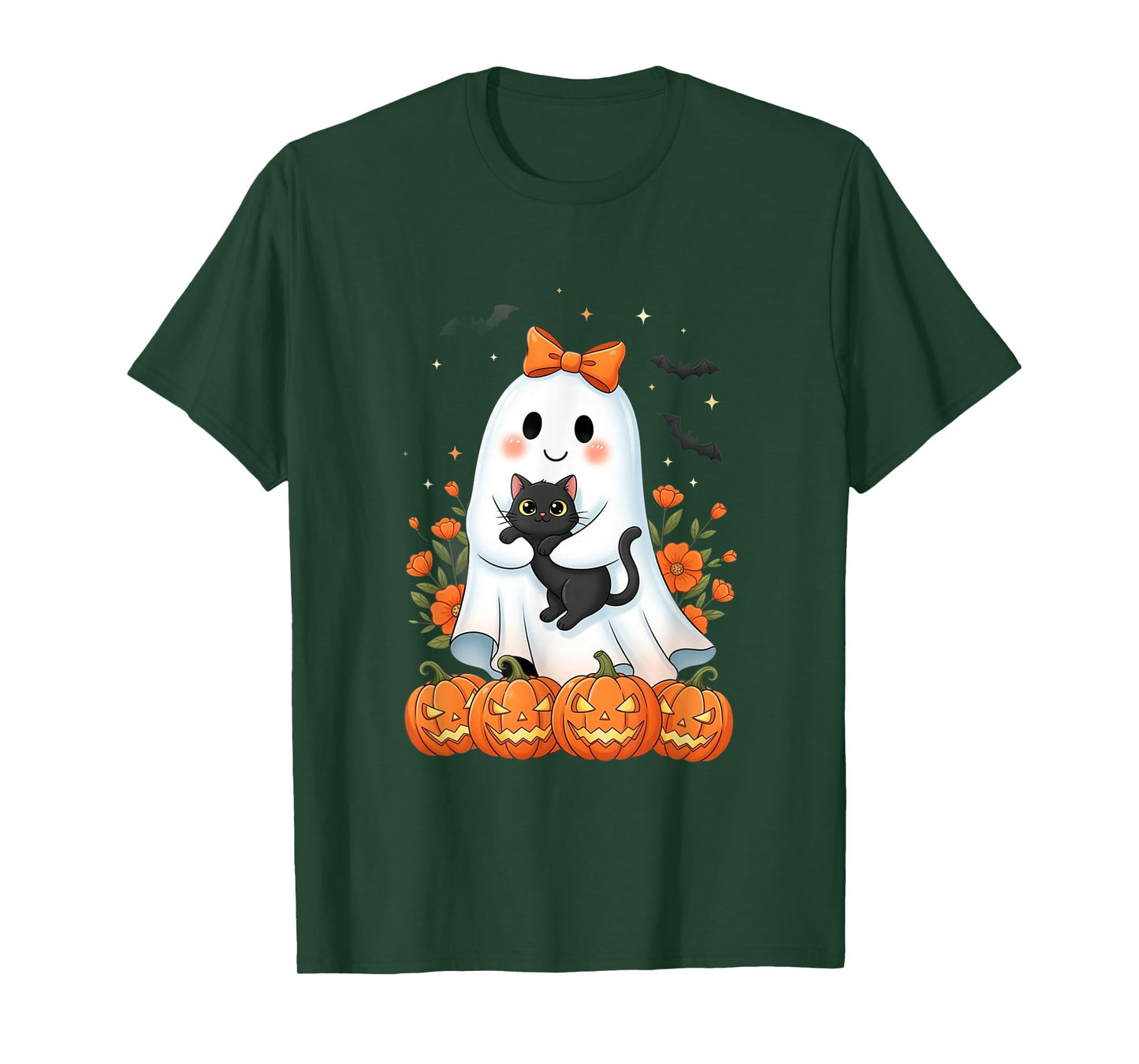 Cute Ghost Holding Black Cat Pumpkins Autumn Halloween T-Shirt
