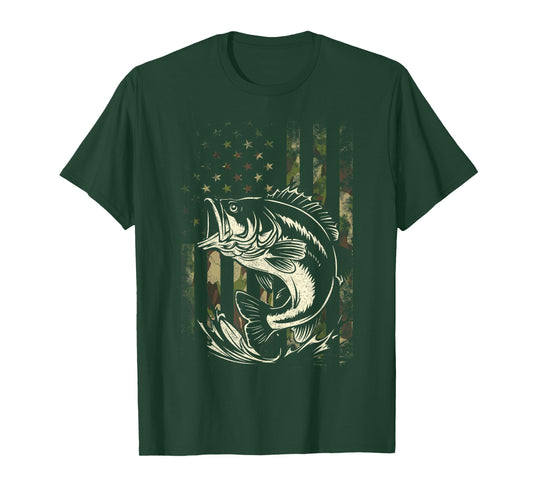 Fishing Camouflage US American Flag Bass Fish Fisherman Camo T-Shirt
