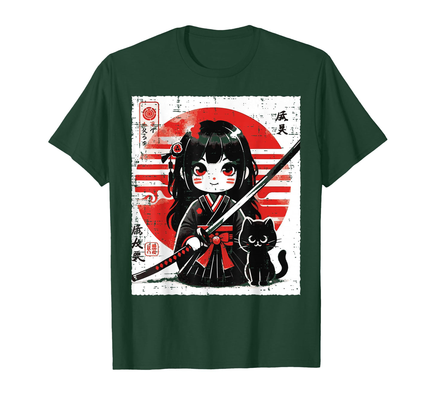 Japanese Samurai Girl Black Cat Kawaii Anime Women Girls Kid T-Shirt