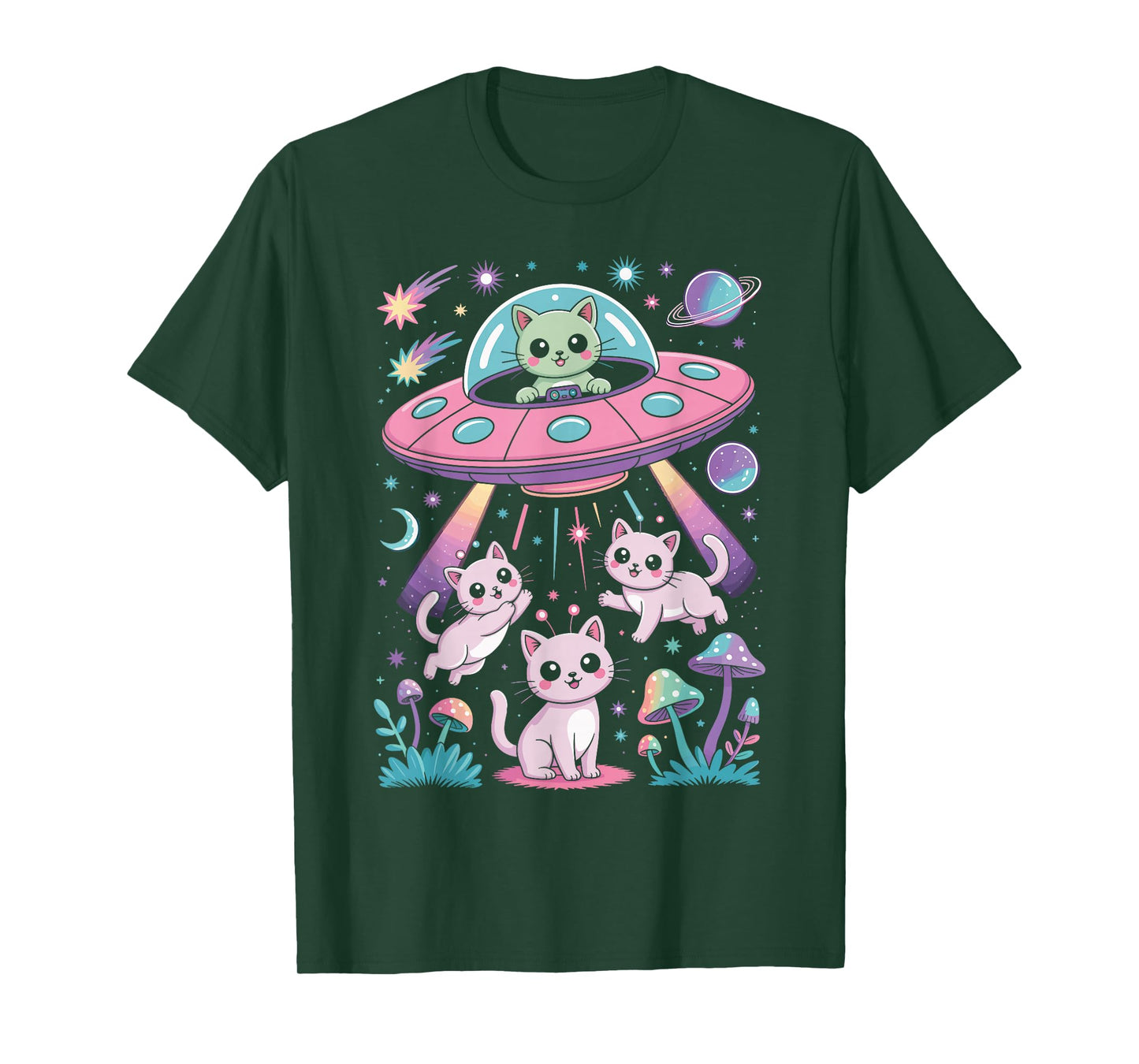 Cute Alien Cat UFO with Space Kittens Pastel Aesthetic T-Shirt
