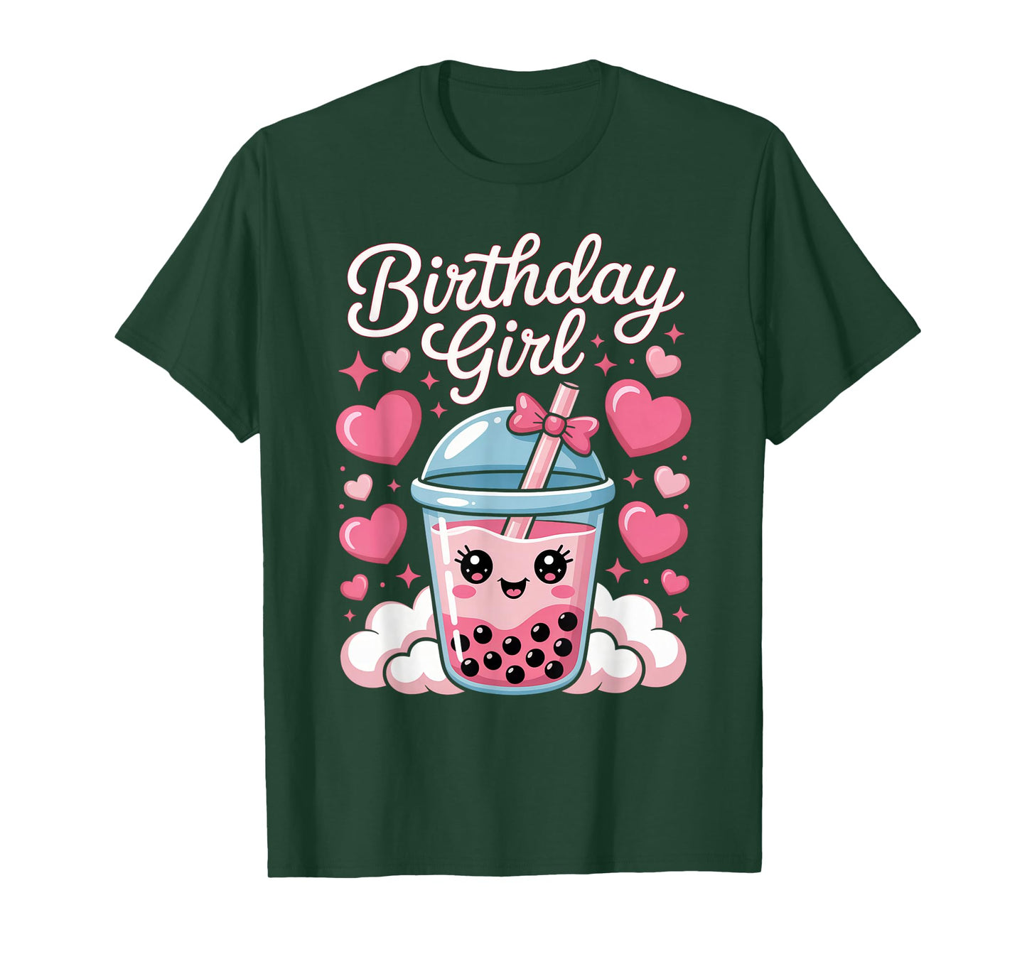 Happy Birthday Girl Cute Pink Bow Bubble Boba Tea Anime T-Shirt