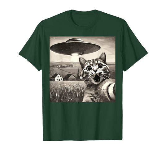 Cat Selfie With Alien UFO Funny Cat T-Shirt