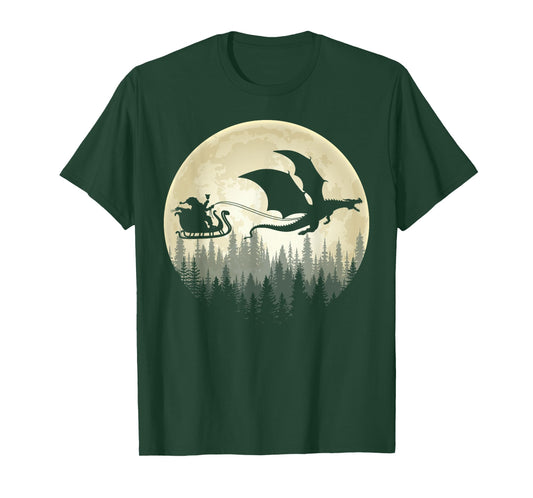 Dragon Riding Santa Sleigh & Moon Merry Christmas Boys Kids T-Shirt