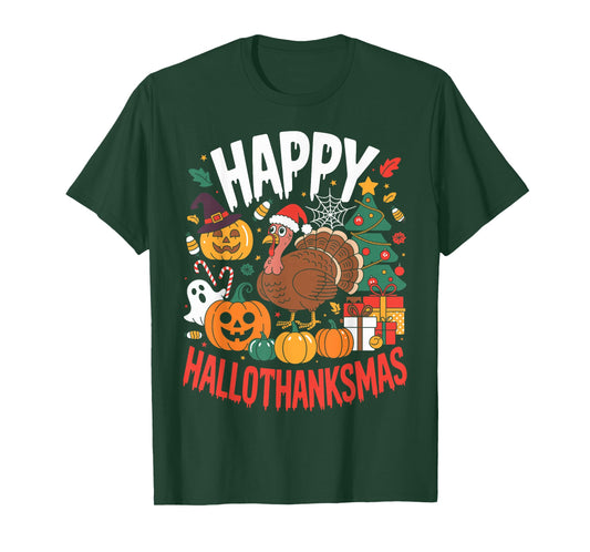 Funny Halloween Thanksgiving Christmas Happy HalloThanksMas T-Shirt
