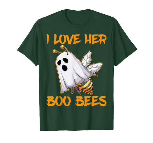 Funny I Love Her Boo Bees Couples Halloween Day Men Women T-Shirt