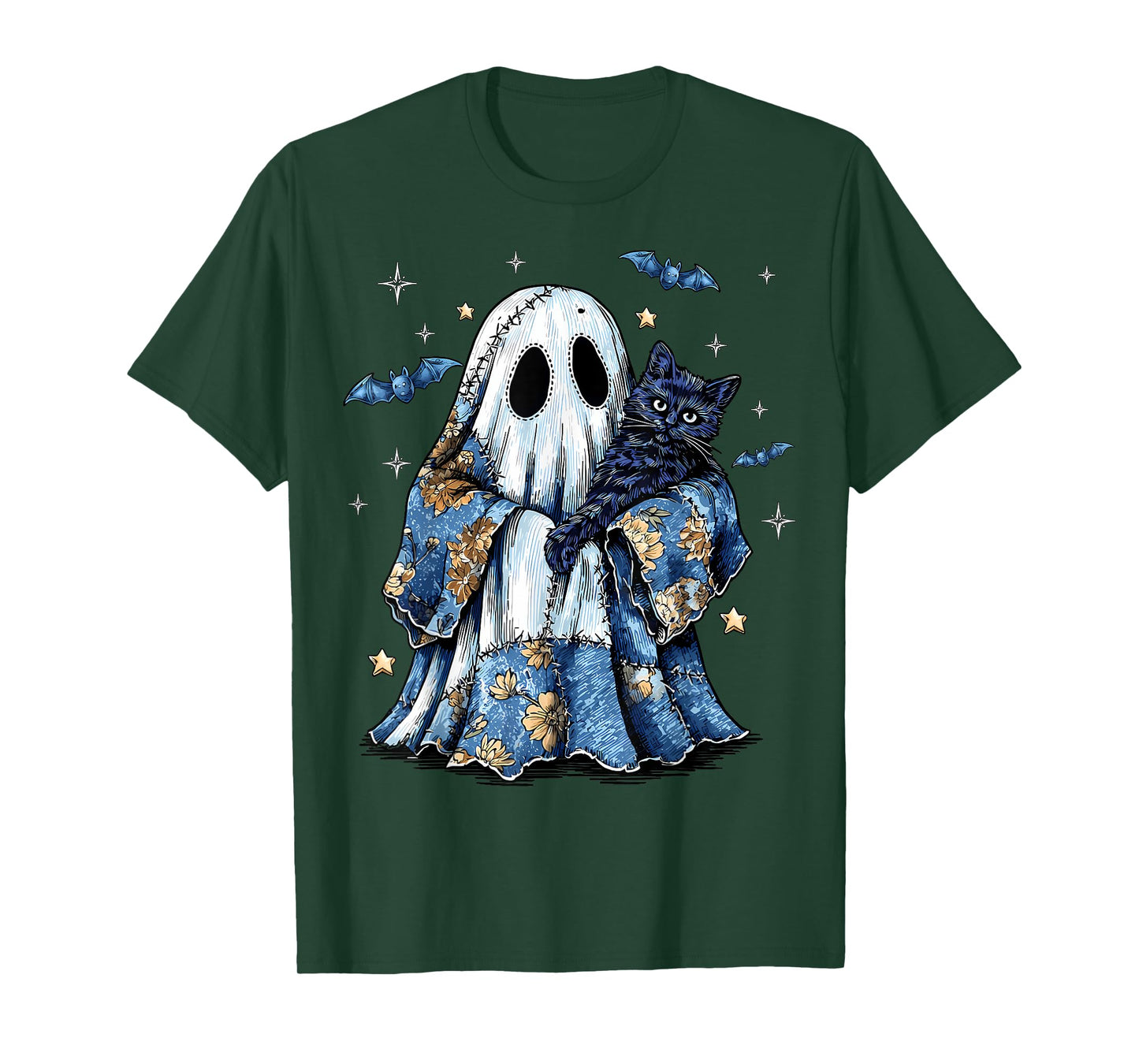 Retro Halloween Blue Denim Patchwork Ghost Black Cat Spooky T-Shirt