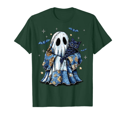 Retro Halloween Blue Denim Patchwork Ghost Black Cat Spooky T-Shirt