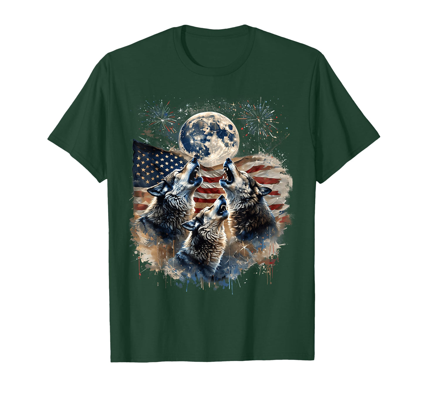 Wolf 4th Of July Howling Wolves Under Moon American Flag T-Shirt