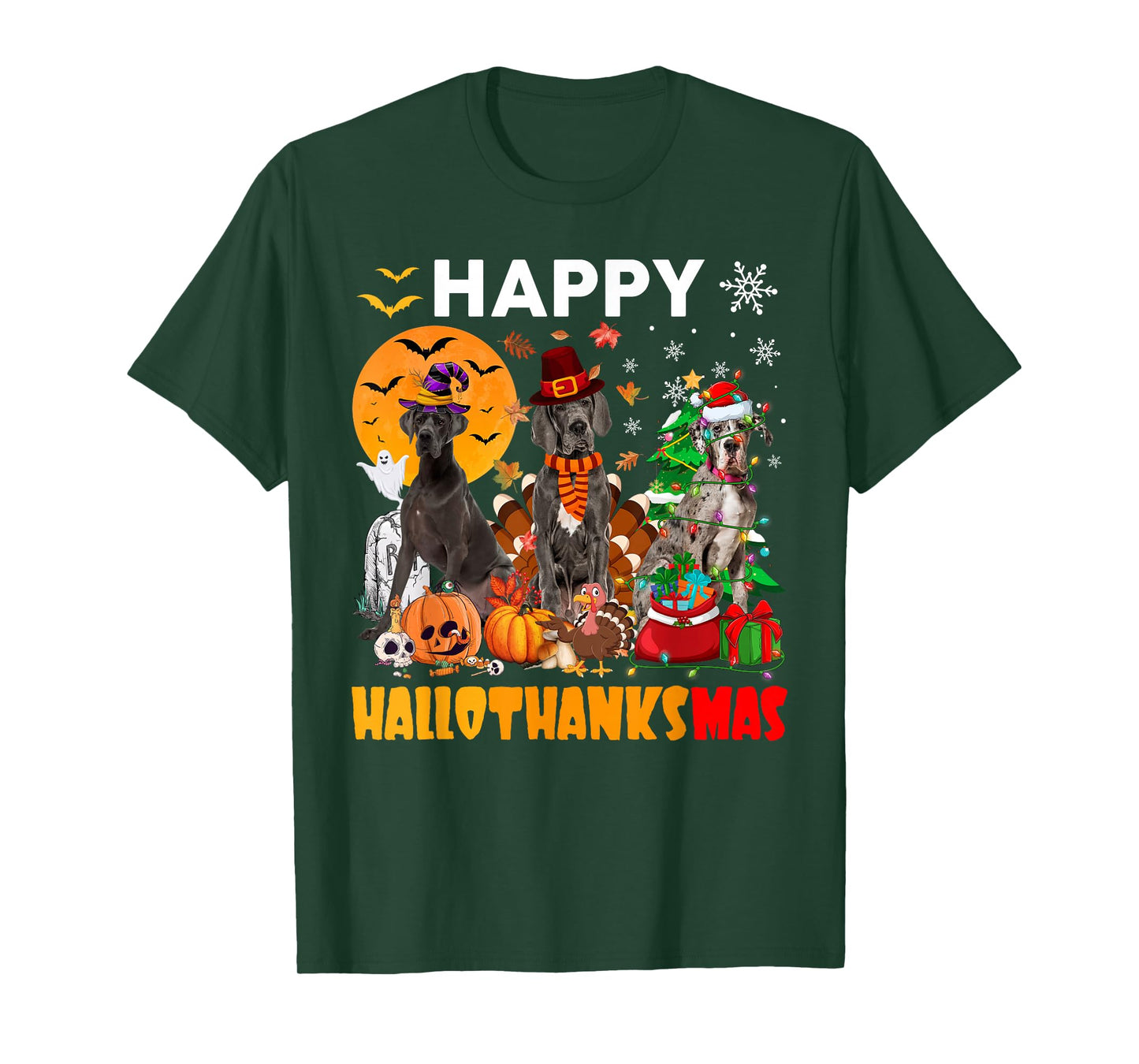 Funny Witch Turkey Santa Great Dane Dog Happy HalloThanksMas T-Shirt