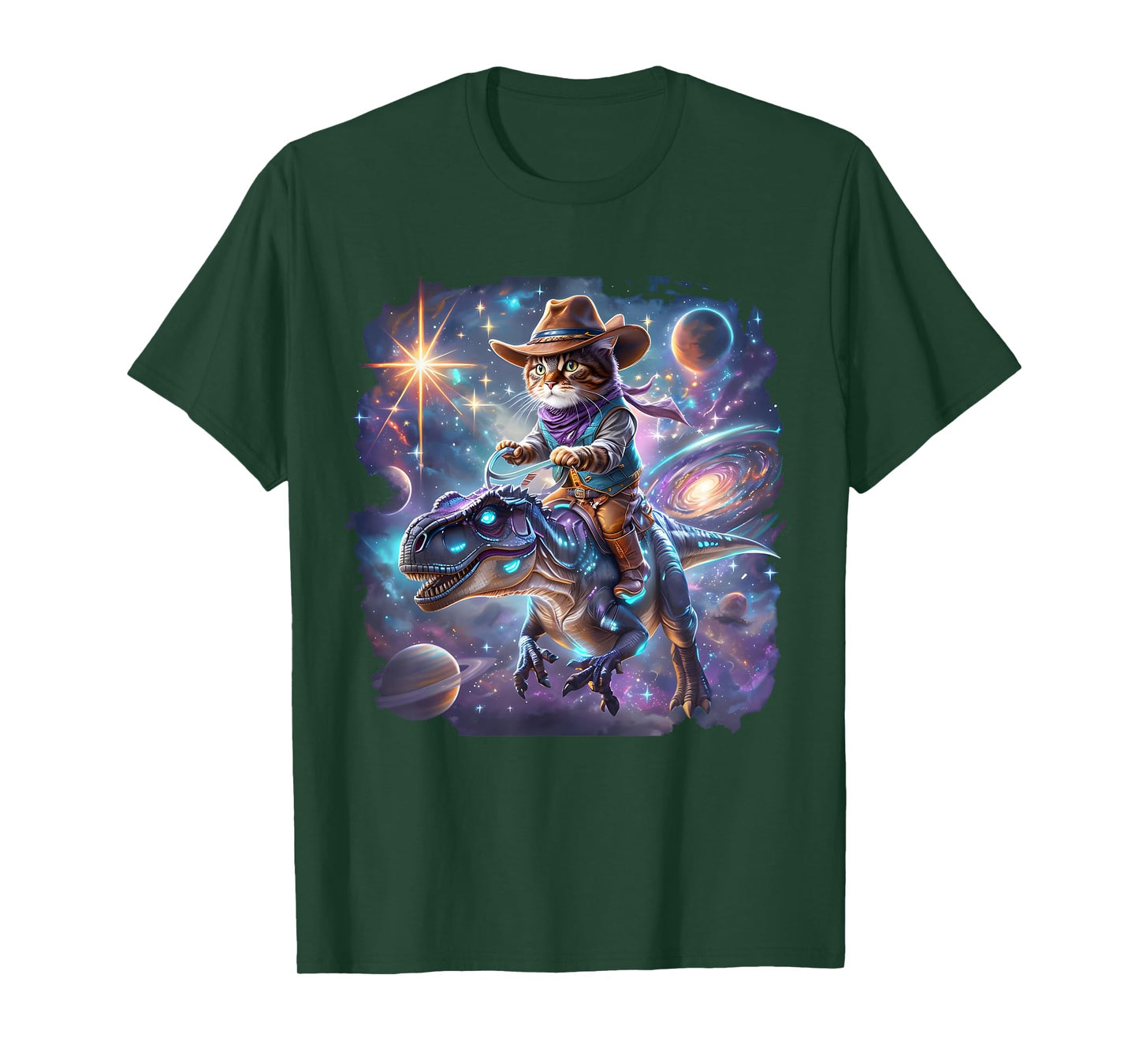 Cat Riding Dinosaur Funny Cat Cowboy Hat Rainbow Galaxy T-Shirt