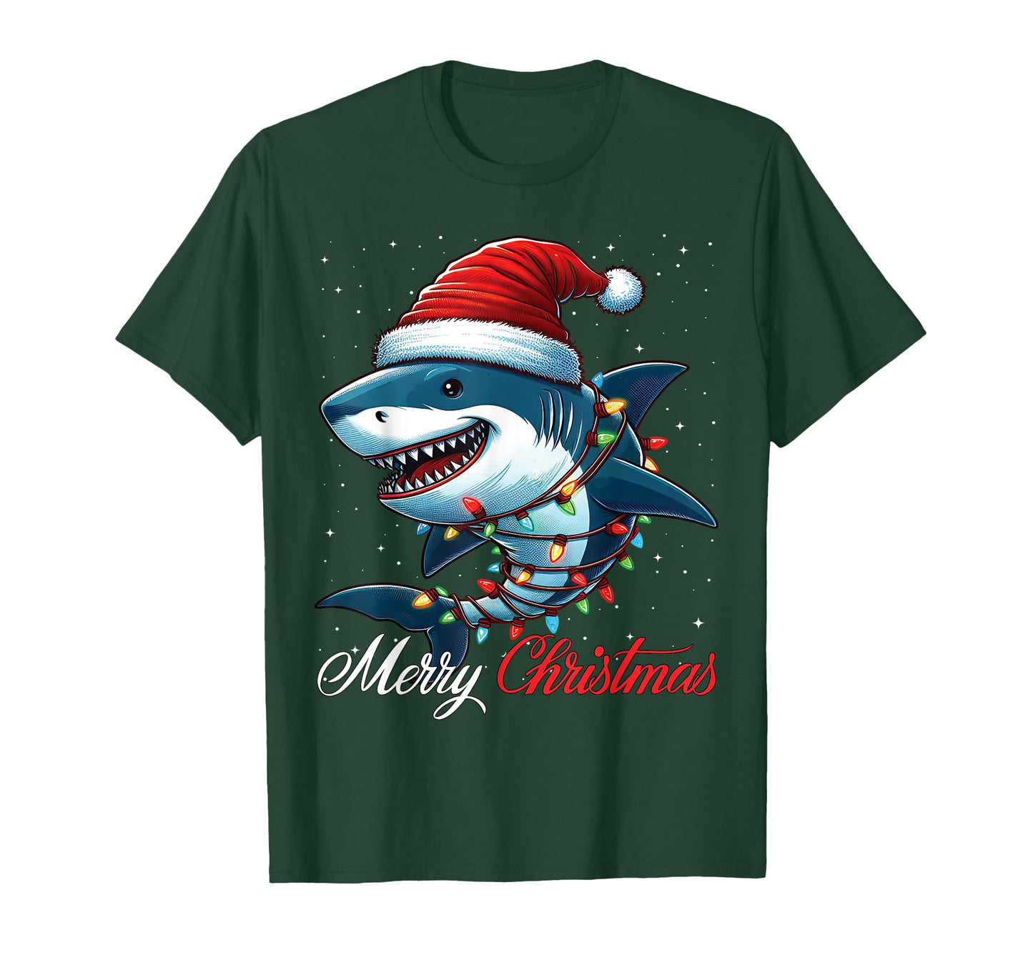 Shark Santa Hat Merry Christmas Lights Xmas Snow T-Shirt