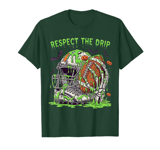Respect The Drip Football Halloween Skeleton Hand Game Day T-Shirt