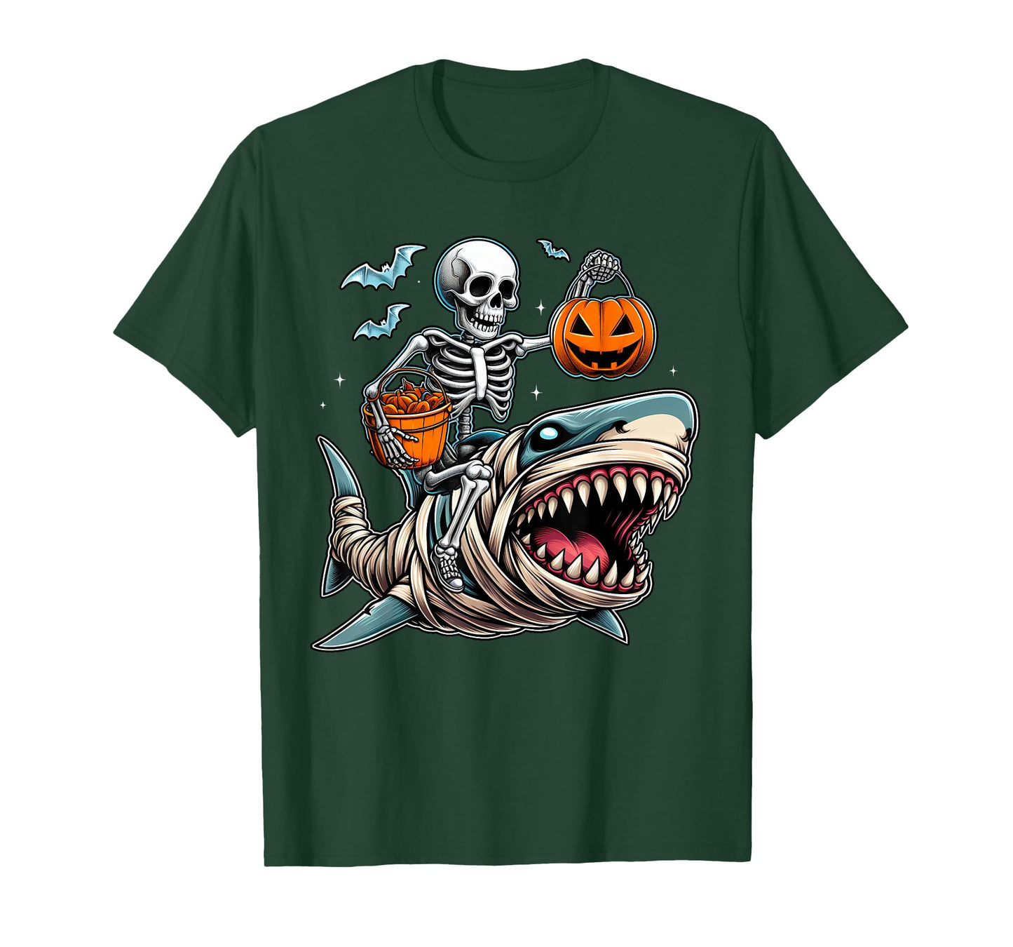Skeleton Riding Mummy Shark Funny Halloween Pumpkin Kids T-Shirt