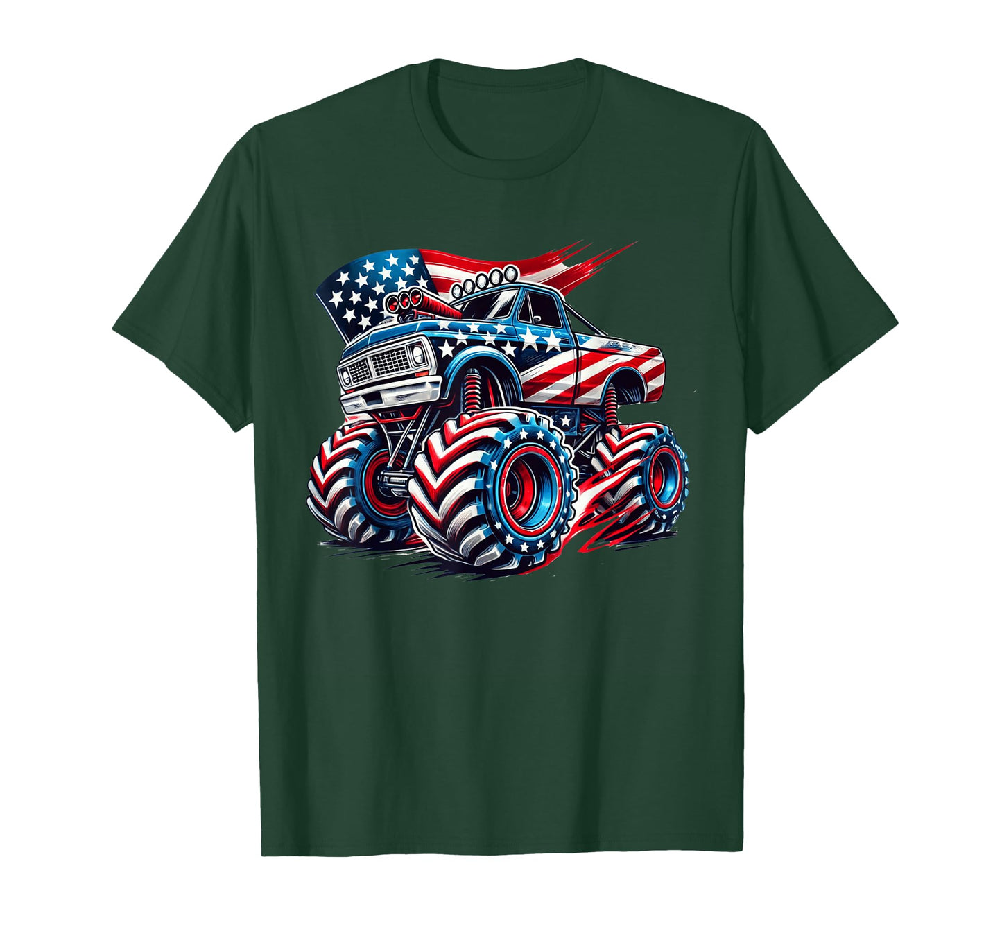 4th of July Monster Truck American Flag USA Boys Kids Tee T-Shirt