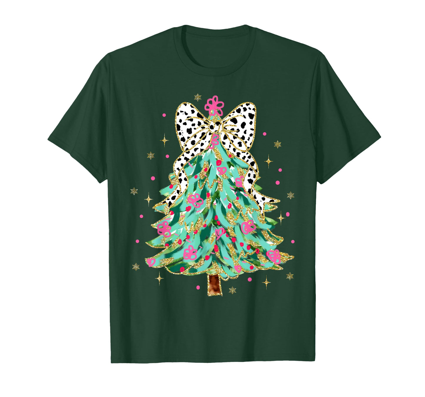 Colorful Coquette Bow Christmas Tree Florals Cute Girly Xmas T-Shirt