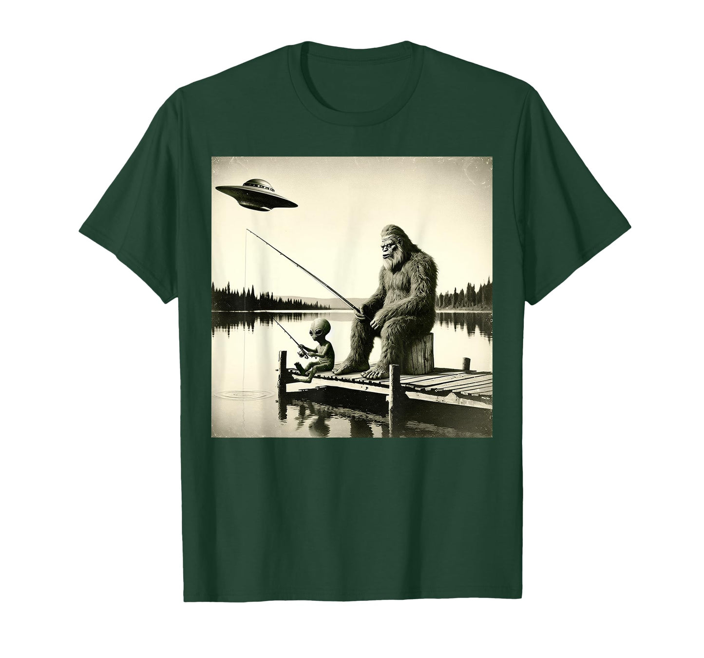 Funny Bigfoot And Alien Fishing. Bigfoot And Alien UFO T-Shirt